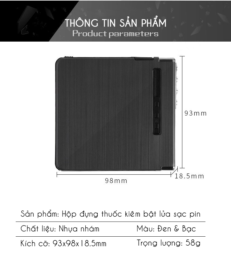 Hộp đựng thuốc 20 điếu kèm bật lửa sạc pin USB đời mớ