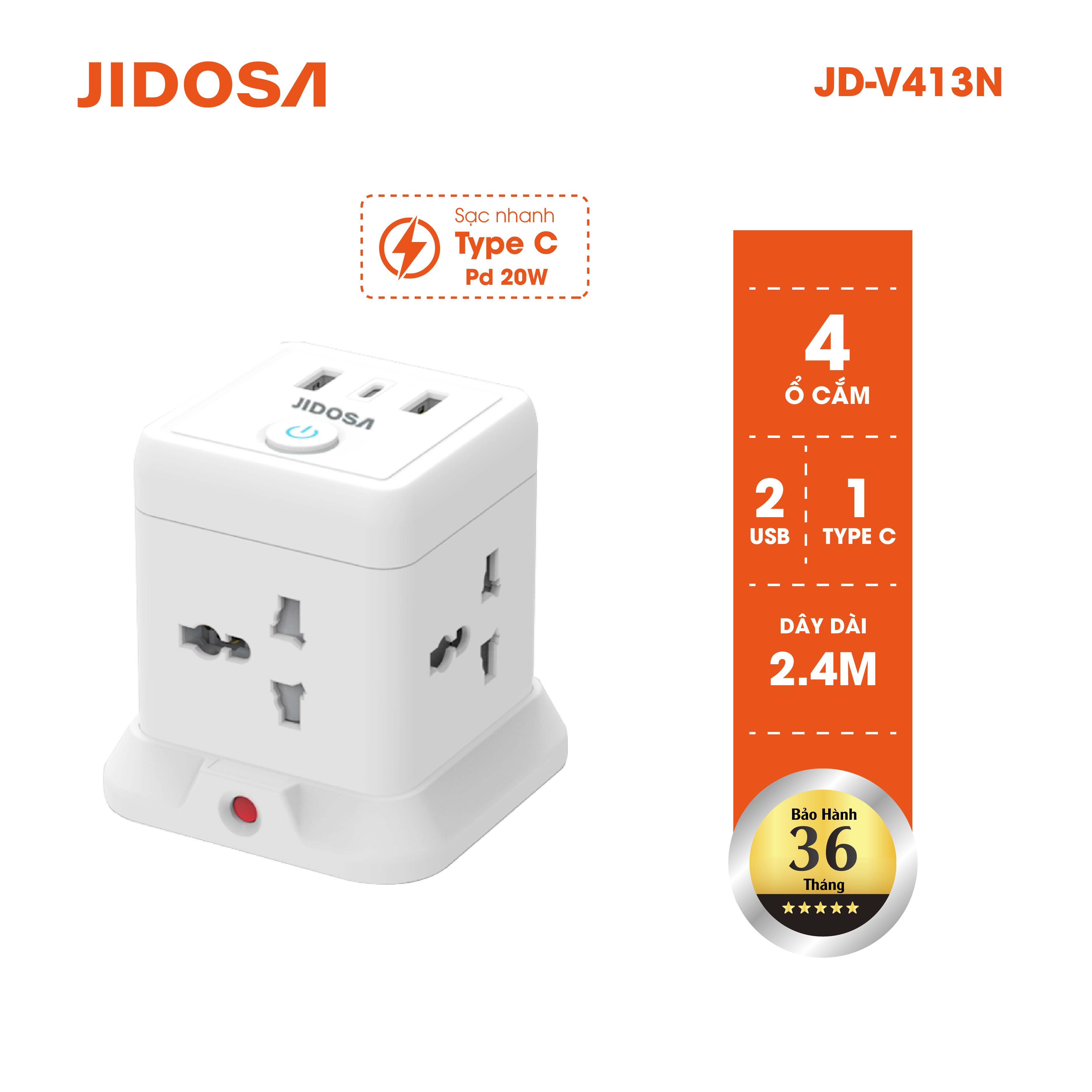 Ổ Cắm Điện JIDOSA Tích Hợp Ổ USB Và Type C Hình Tháp Đa Năng Công suất 3000w Thiết Kế Thông Minh