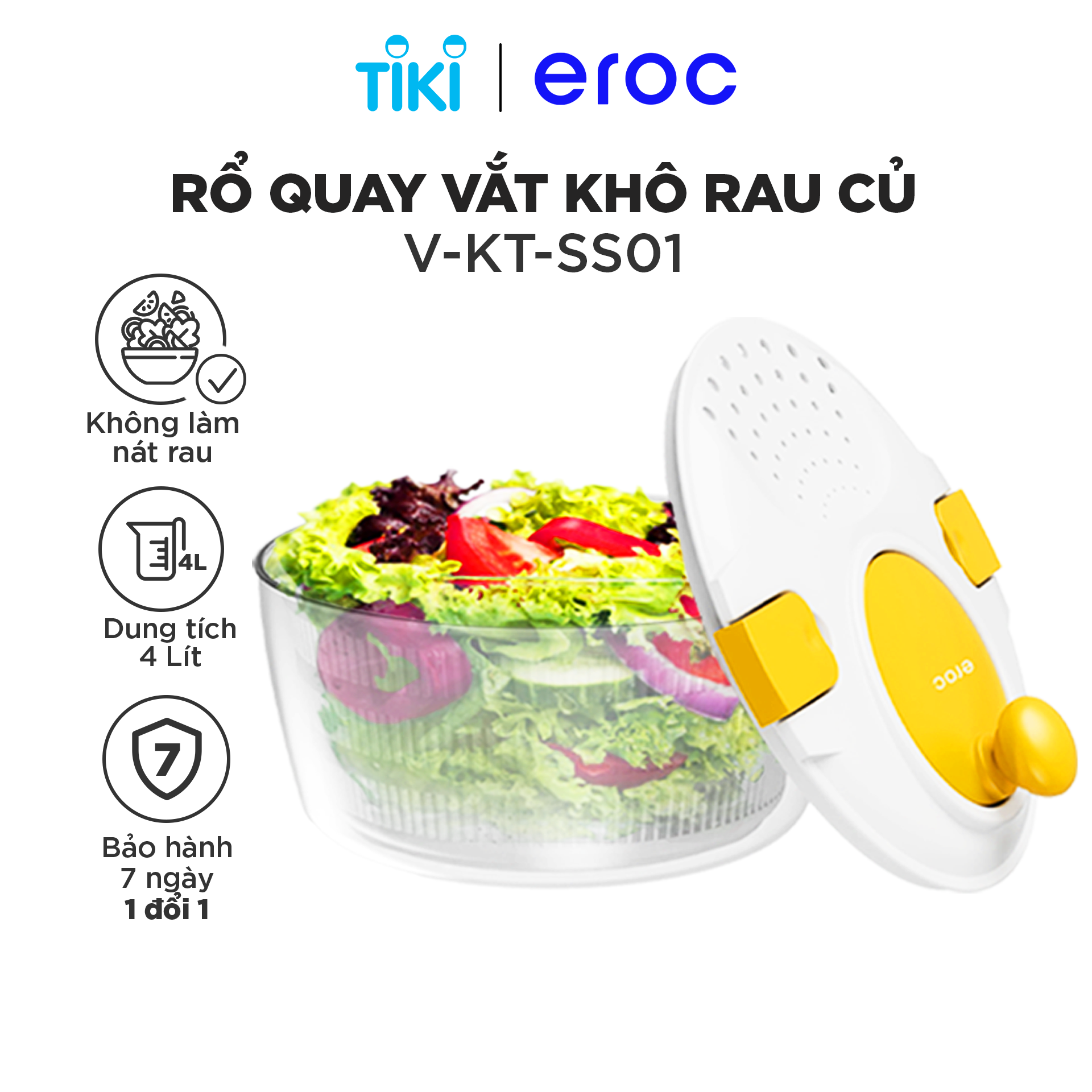 Máy Quay Vắt Khô Rau Củ Kèm Rổ Vắt Không Làm Nát Rau Eroc V-KT-SS01 SALAD SPINNER - Hàng Chính Hãng