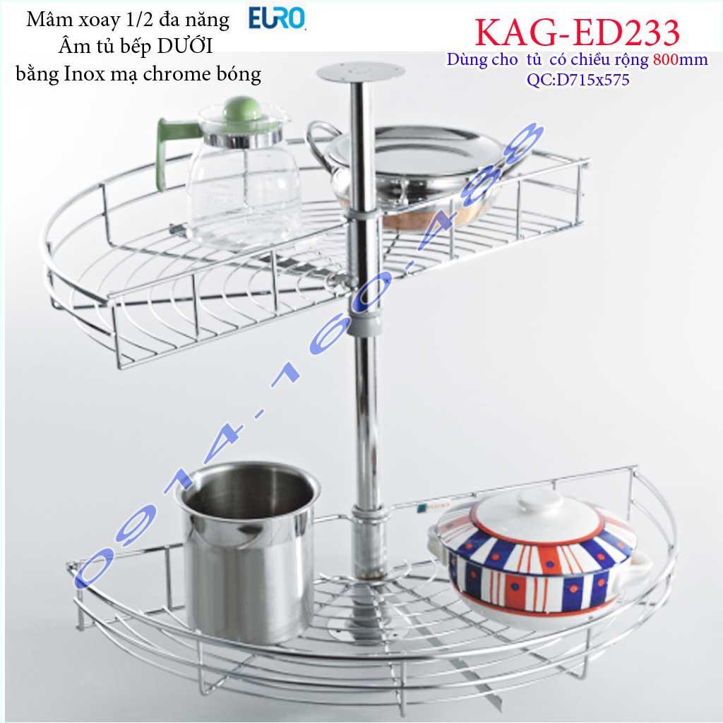 Kệ xoay bán nguyệt Euro KAG-ED233, mâm xoay inox 1.2, kệ góc xoay inox tủ bếp dưới