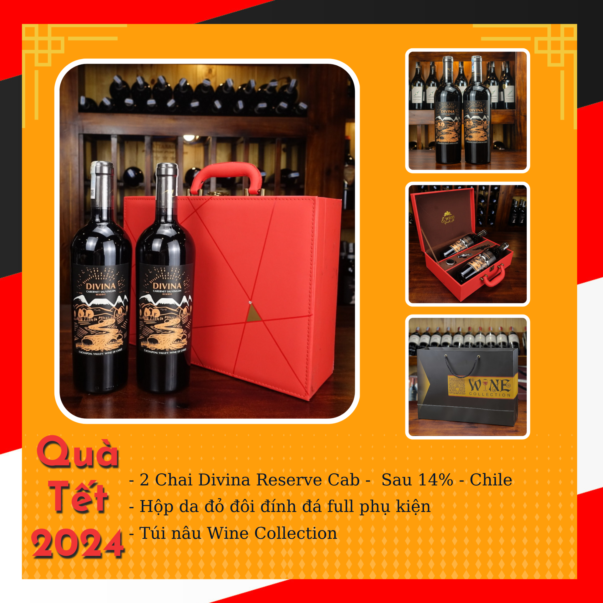 Hộp Vali đỏ đính đá + 2 chai rượu vang Chile Divina Reserve Cabernet Sauvignon