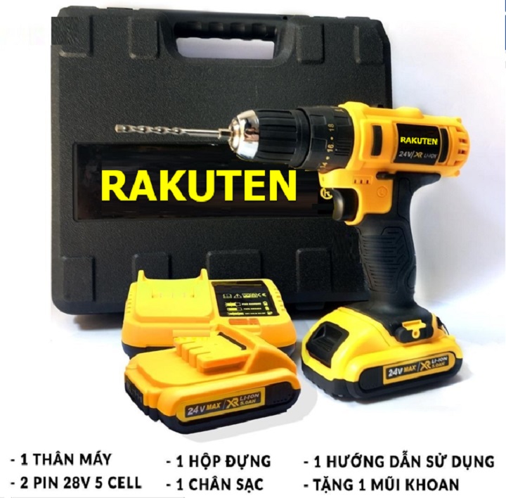 Bộ máy khoan pin RAKUTEN 24V  khoan tường, khoan sắt, khoan bê tông máy 2 pin, đảo chiều và mũi khoan