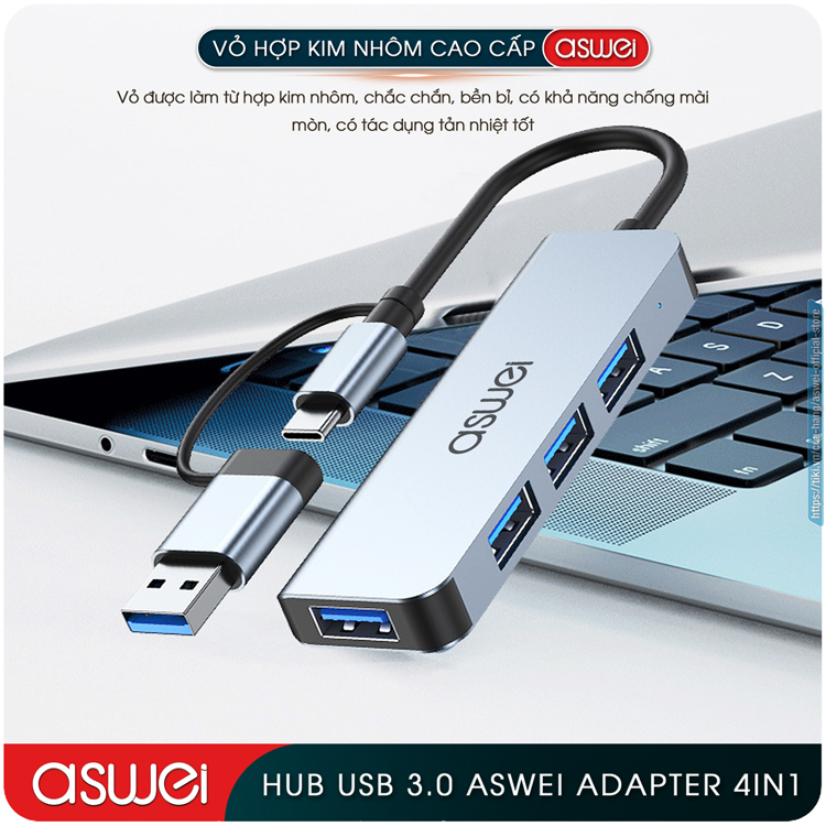 Hub Chuyển Đổi USB Type C ASWEI - 4 in 1, 5 in 1, 6 in 1, 7 in 1, 8 in 1 - HDMI, USB 3.0, PD, SD, TF, RJ45, Audio 3.5mm - Tốc Độ Cao, Hàng Chính Hãng