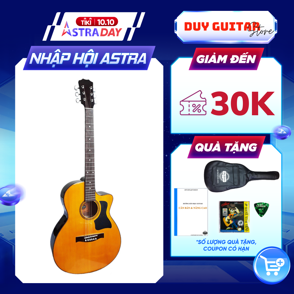 Đàn guitar acoustic DT70 màu vàng dáng A khuyết cần đàn có ty âm tốt ghitar đệm hát dành cho bạn mới tập Duy Guitar tặng 4 phụ kiện