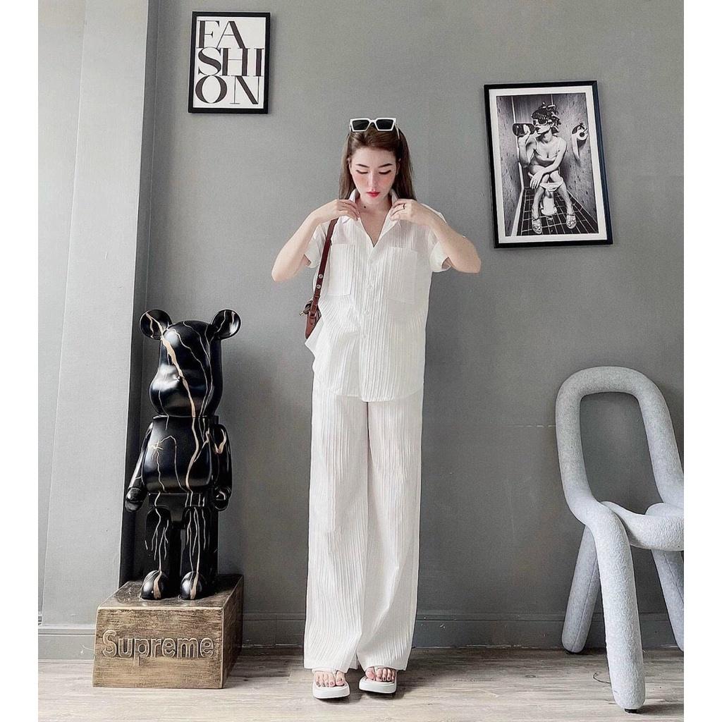 Bộ Áo Sơ Mi Cộc Tay Quần Culottes Nữ Vải Xốp Gân