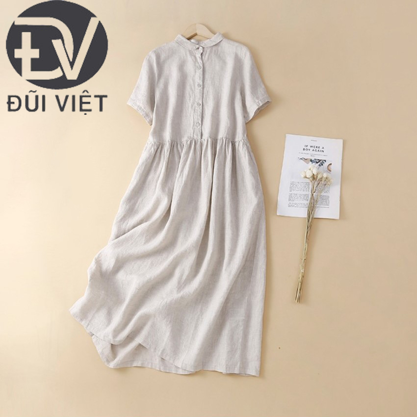 Đầm Linen Nữ nhúng eo Cổ Sơ Mi Đũi Việt DV158