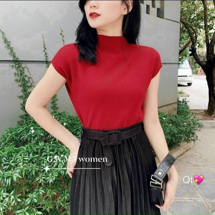 Áo len mịn tay cộc cổ cao, Áo len vai hến chất đẹp eo bo chun AL1923 - NhiNhi Shop