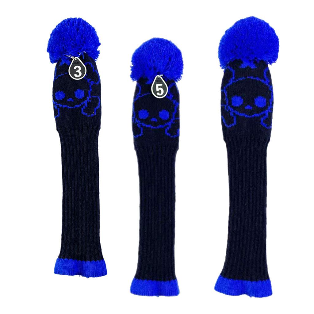 3pcs Golf Knitted Club Head Covers Driver, Fairway Headcover Black Blue