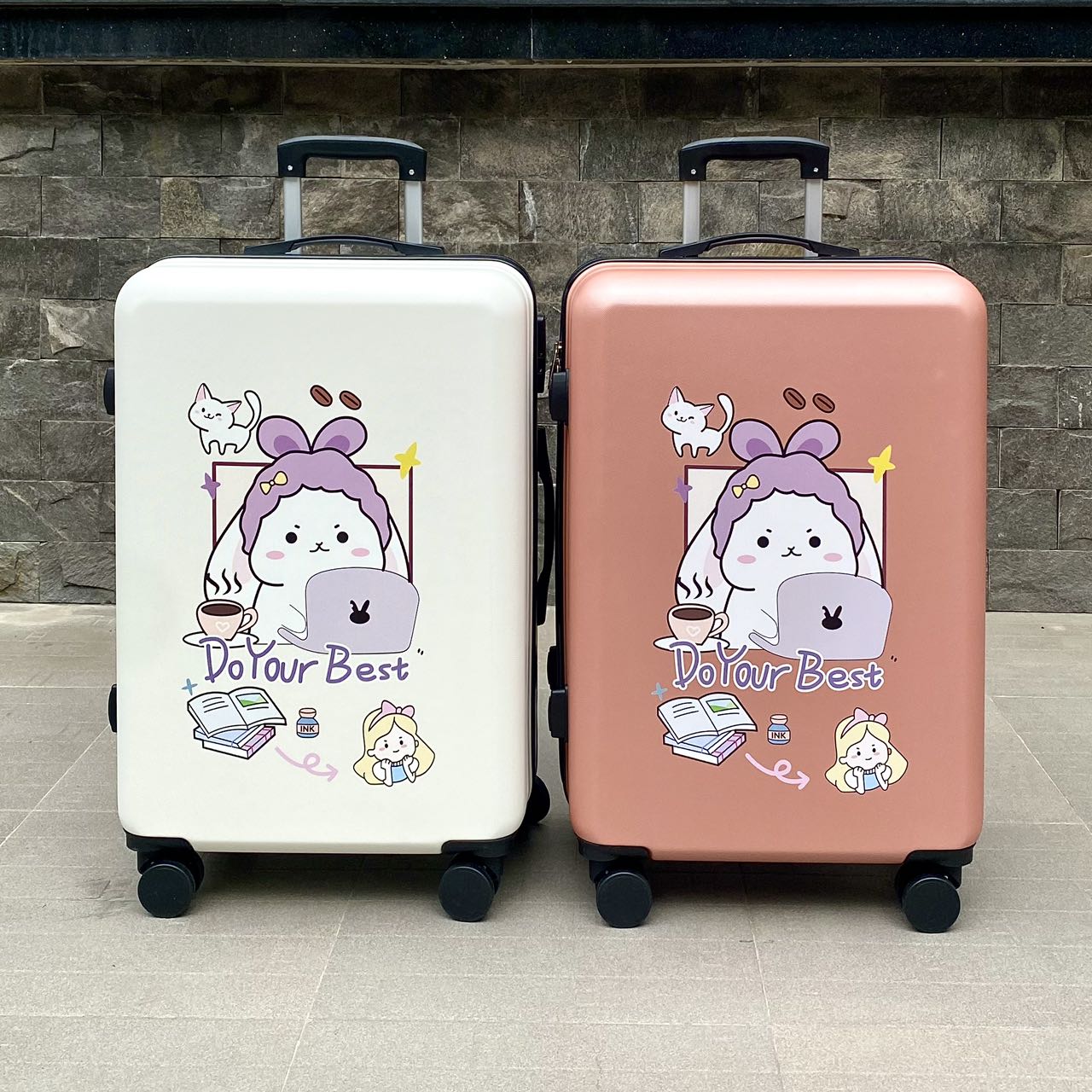 HÌNH THẬT_Vali Du Lịch Tay Kéo In Hình Thỏ Con Dễ Thương Chất Liệu Nhựa Nhám PC+ABS Dày Dặn 4 Bánh Xe Xoay 360 Độ Hàng Sẵn Đủ Size 20/24/26 inch