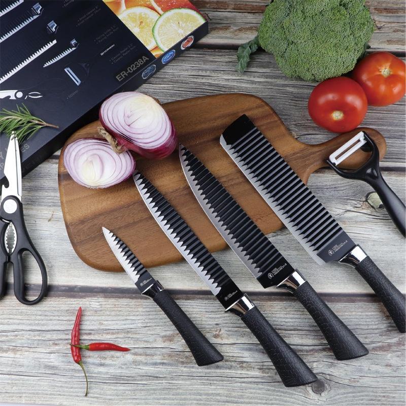 Bộ Dao + Kéo + Nạo Asakh Nhật 6 Món Làm Bếp, Lưỡi Sóng Crom Cao Cấp Ko Rỉ, Bền Đẹp