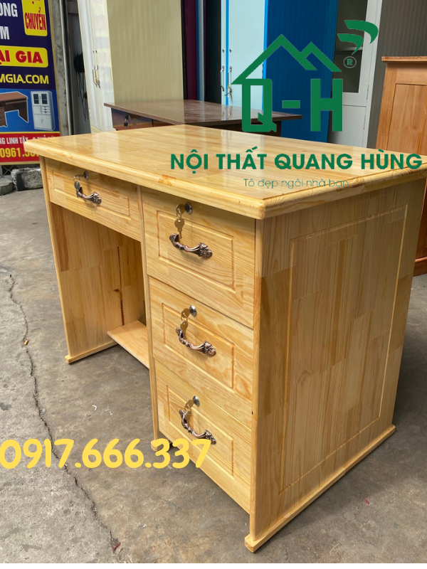 Bàn làm việc 4 ngăn kéo gỗ thông cao cấp màu vàng dành cho văn phòng