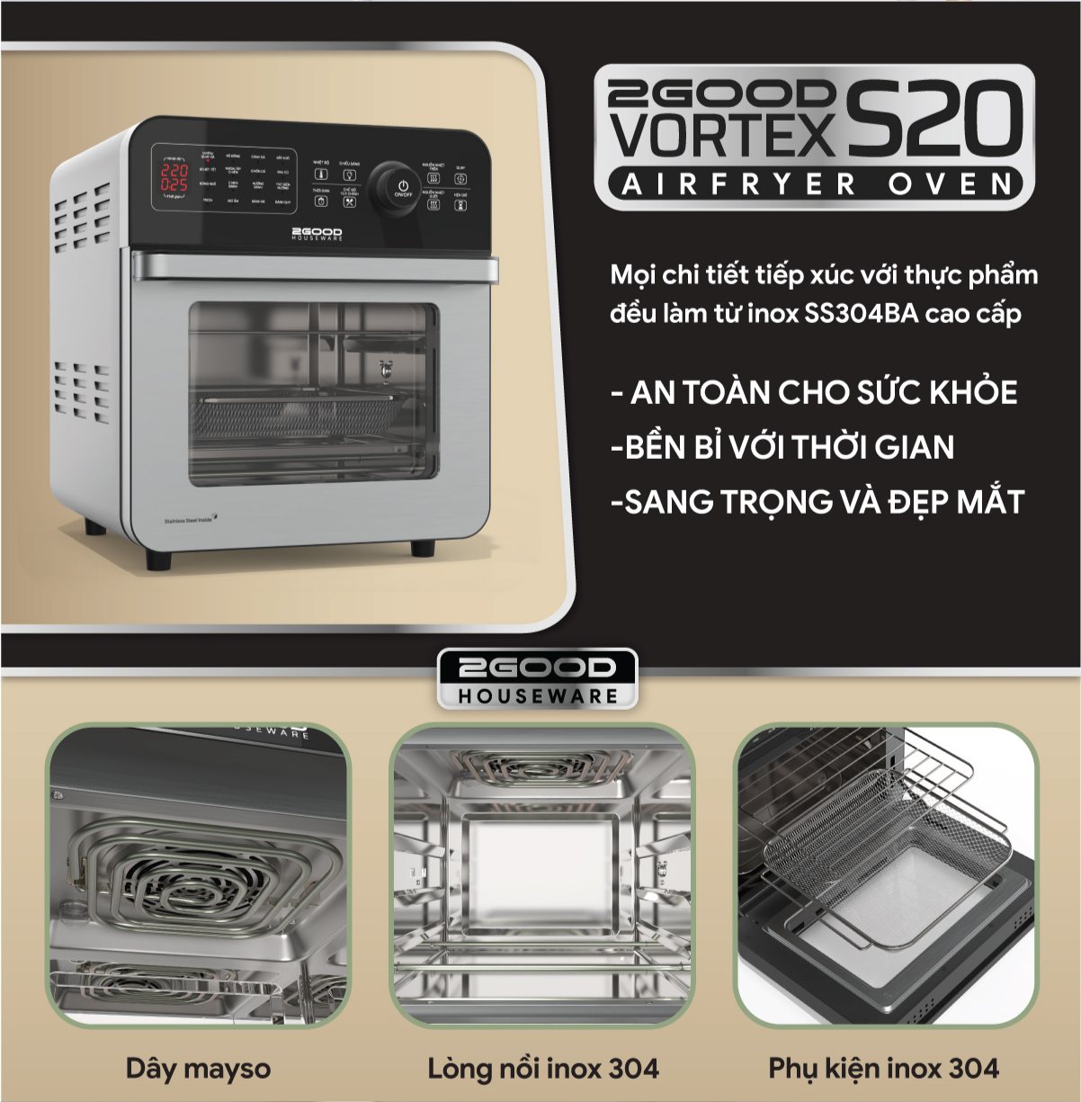 Nồi chiên không dầu điện tử 2Good Vortex S20 - Dung tích14.5 lít - Tặng găng tay - 16 chức năng - Hàng chính hãng