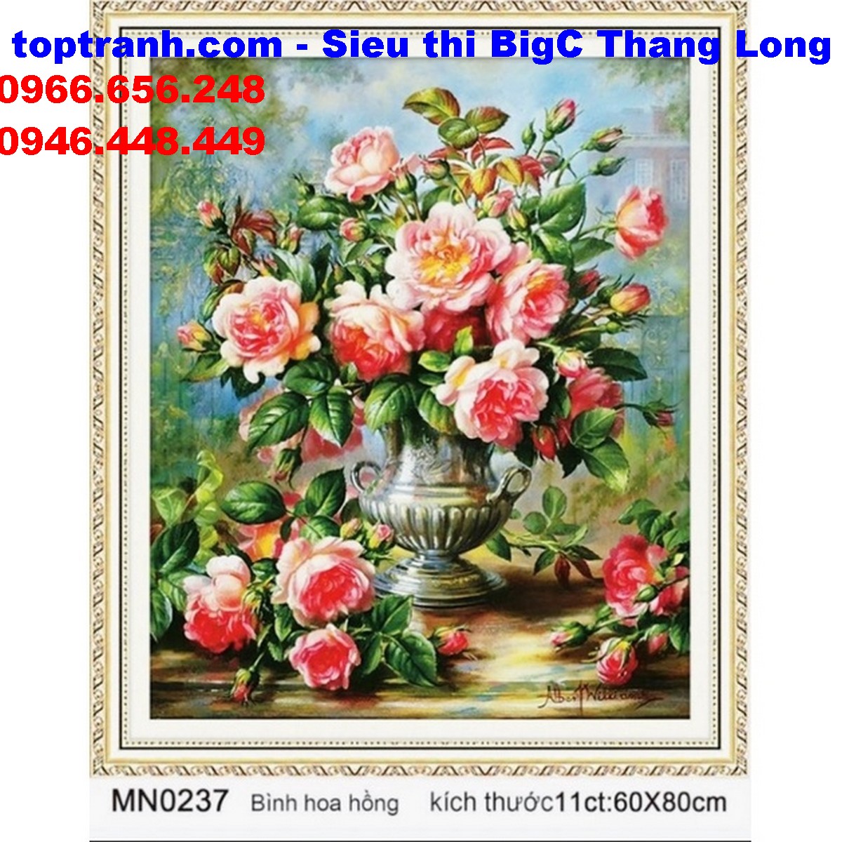 Tranh thêu chữ thập bình hoa hồng cổ khoe sắc thêu kín MN0237 chưa thêu