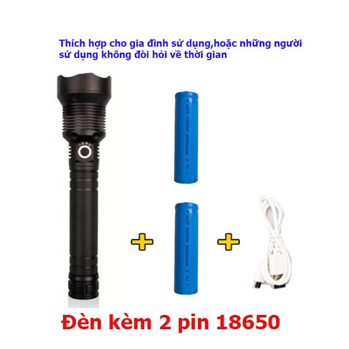 Đèn pin cầm tay siêu sáng XHP70 chiếu xa 500M, đèn pin Led có Zoom xa gần pin trâu, chống thấm nước