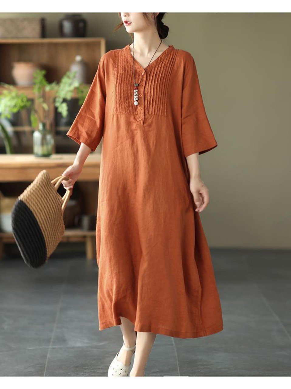 Đầm linen cổ V tay lỡ, form suông dài rộng, style Hàn Quốc trẻ trung NH190 cam