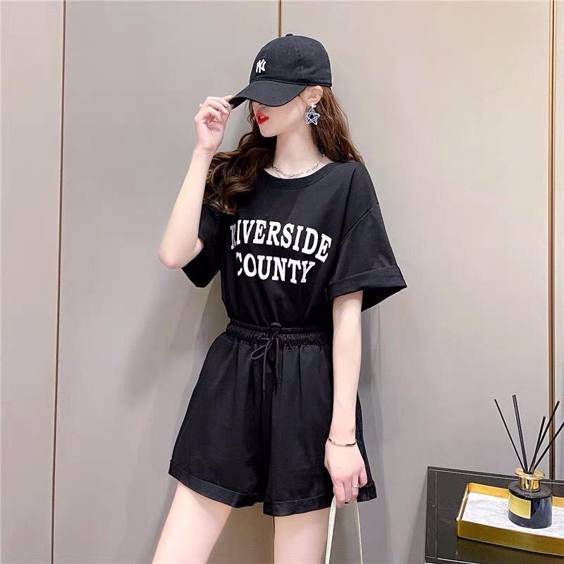 Bộ Quần Áo Cộc RiverSide, Set Áo Phông Cổ Tròn Kèm Quần Short Ống Rộng 2 Màu