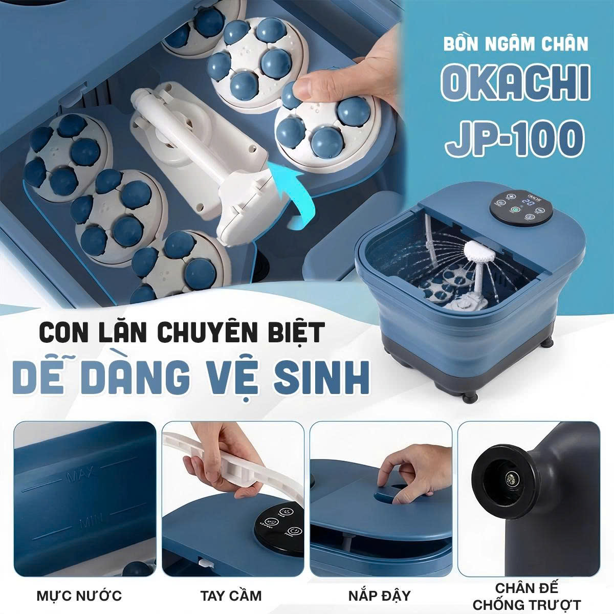 Bồn ngâm chân gấp gọn có 6 con lăn OKACHI JP-100