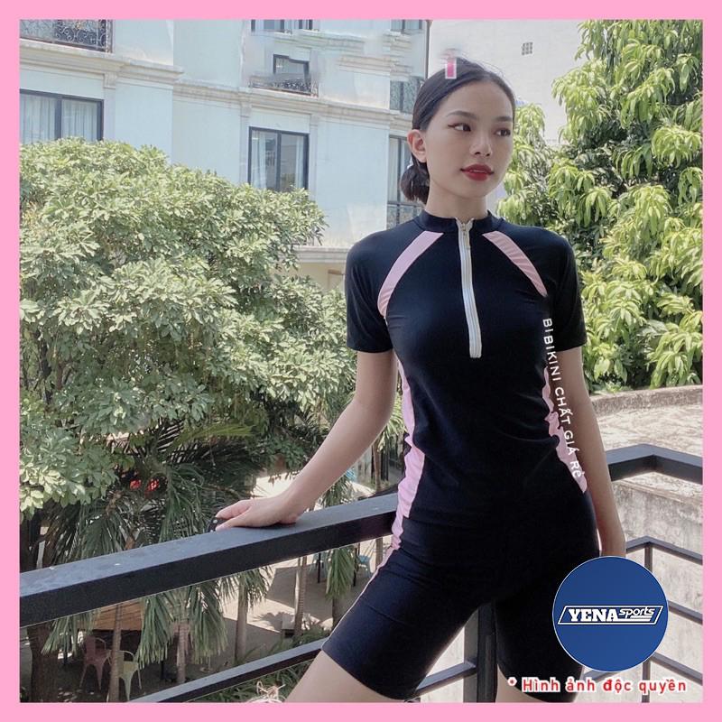 Đồ bơi nữ bikini 2 mảnh áo tắm tay ngắn quần lửng bộ bơi nữ đen phối sọc đi biển QP028