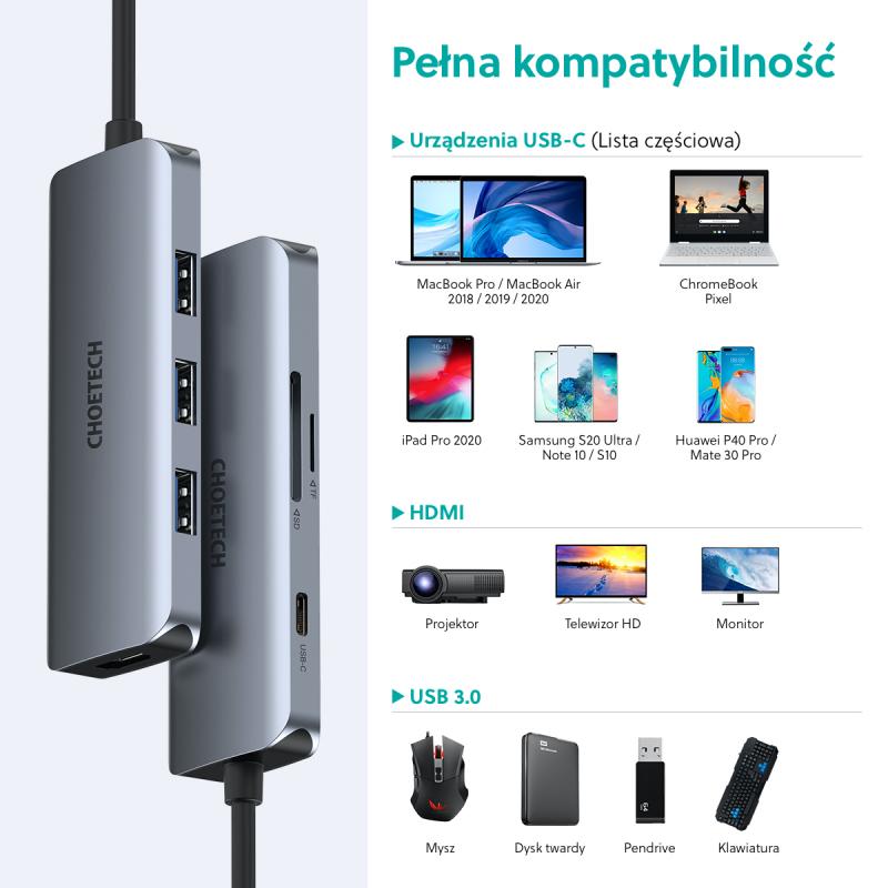 Hub Chuyển Đổi Type C To HDMI 4K, Type C 100W, 3 USB 3.0, SD/TF CHOETECH HUB-M19 - Hàng Chính Hãng