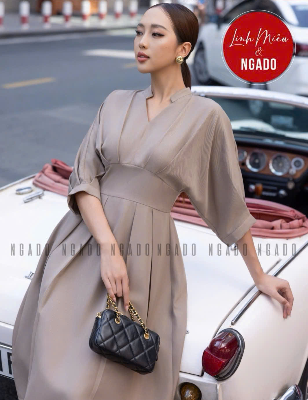 Đầm nâu cổ trụ xếp ly NGADO , đầm kiểu Nữ , đầm công sở , đầm dự tiệc