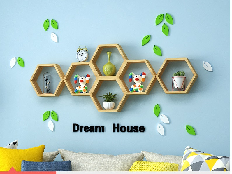 Set 6 kệ gỗ treo tường hình lục giác và 3 thanh ngang 40cm kết hợp bằng gỗ thông để đựng đồ trang trí nhà cưae