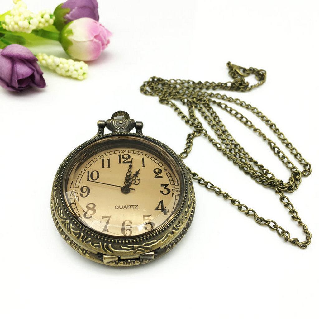 Prettyia Retro Flower Steampunk  Pocket Watch Pendant Necklace Bronze