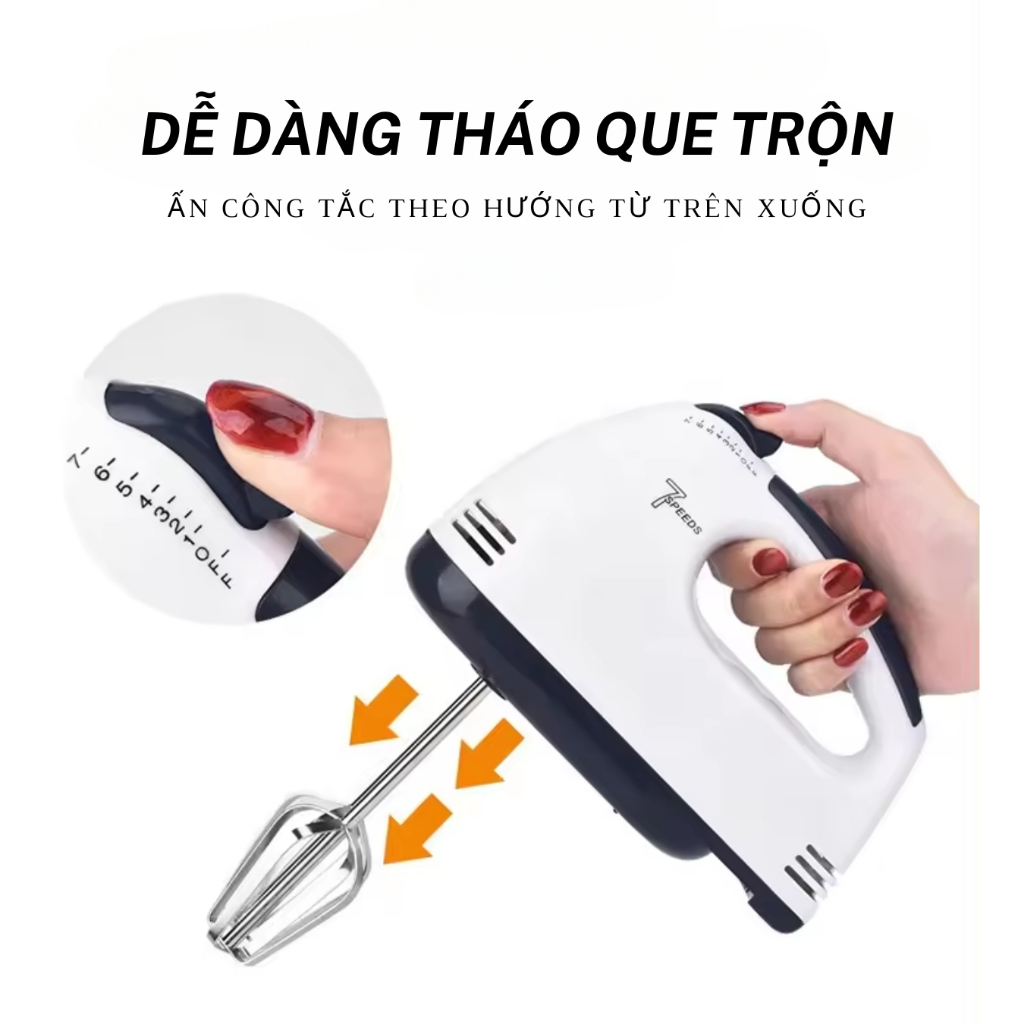 Máy Đánh Trứng Cầm Tay 7 Tốc Độ Công Suất 180W - Máy Đánh Trứng Mini Đa Năng - Động Cơ Lõi Đồng Mạnh Mẽ - Hàng nhập khẩu