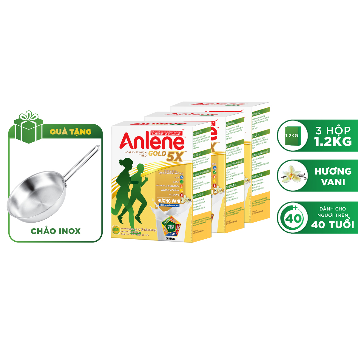 Combo 3 Sữa Bột Anlene Gold 5X Hương Vanilla (Hộp giấy 1200g) - Tặng chảo inox