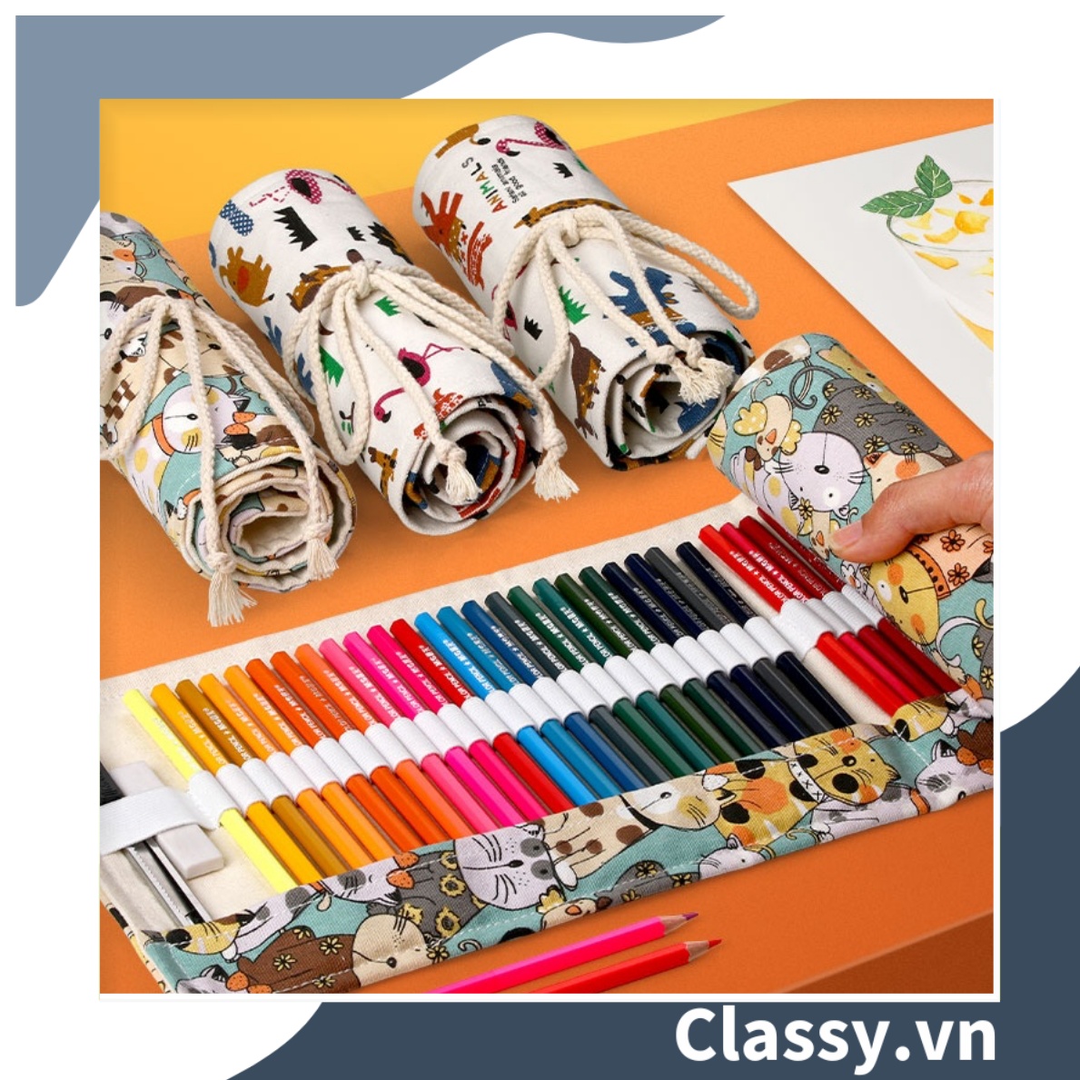 Túi đựng bút dạng cuộn vải cotton, phong cách vintage hình mèo PK617