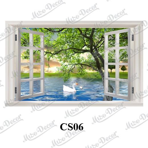 Tranh dán tường 3D cửa sổ phong cảnh in decal PP