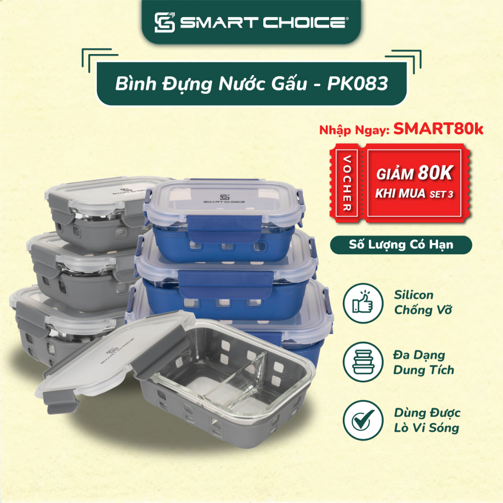 Hộp Cơm Thủy Tinh SMARTCHOICE Bọc Silicone SCG-PK045 Chống Va Đập, Cho Được Vào Lò Vi Sóng 3 Ngăn 3 Size Tiện Lợi