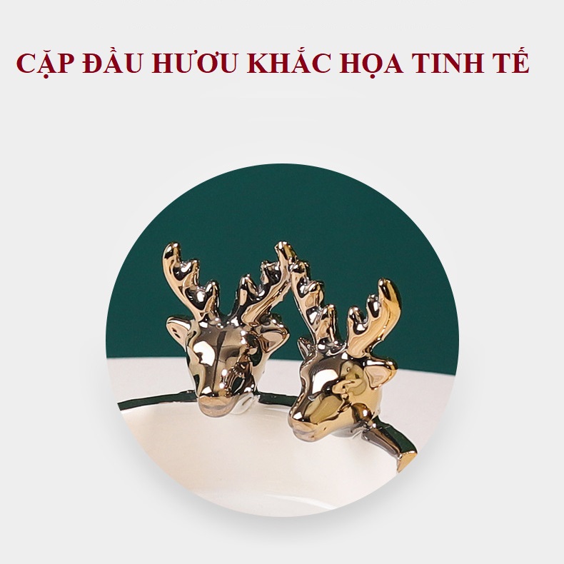 Gạt tàn thuốc Gốm sứ Xanh viền vàng khắc họa cặp Hươu cao cấp