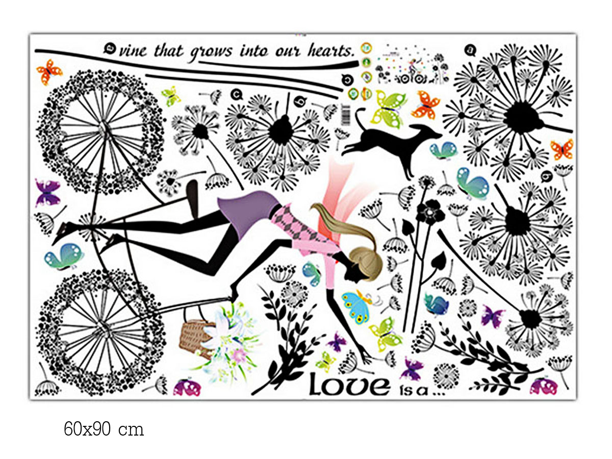 Decal dán tường cô gái đạp xe hoa bồ công anh đen xl8212