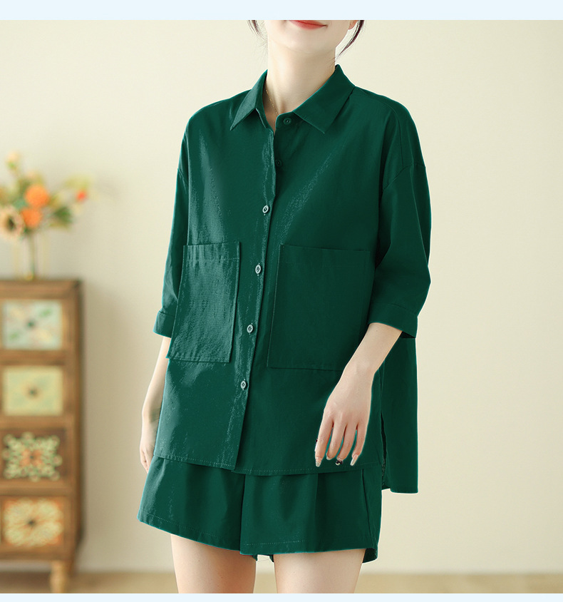 Bộ đồ cho nữ 2 chi tiết gồm áo sơ mi có túi và quần short dáng chữ A, set linen nữ hàn quốc