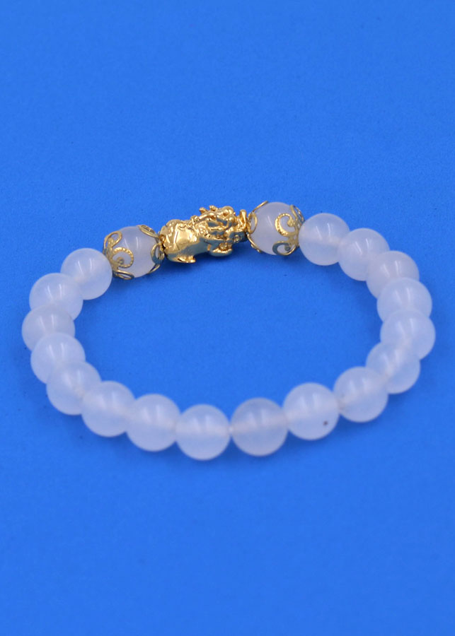 Chuỗi đeo tay Thạch Anh Trắng 8 ly - cẩn Tỳ Hưu Phong thủy inox vàng VTATTHHKV8 - hợp mệnh Kim, mệnh Thủy