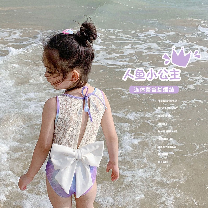 Đồ bơi bé gái 1-7 tuổi kèm mũ phối ren và đính nơ, Bộ bơi liền thân cho bé vải co giãn