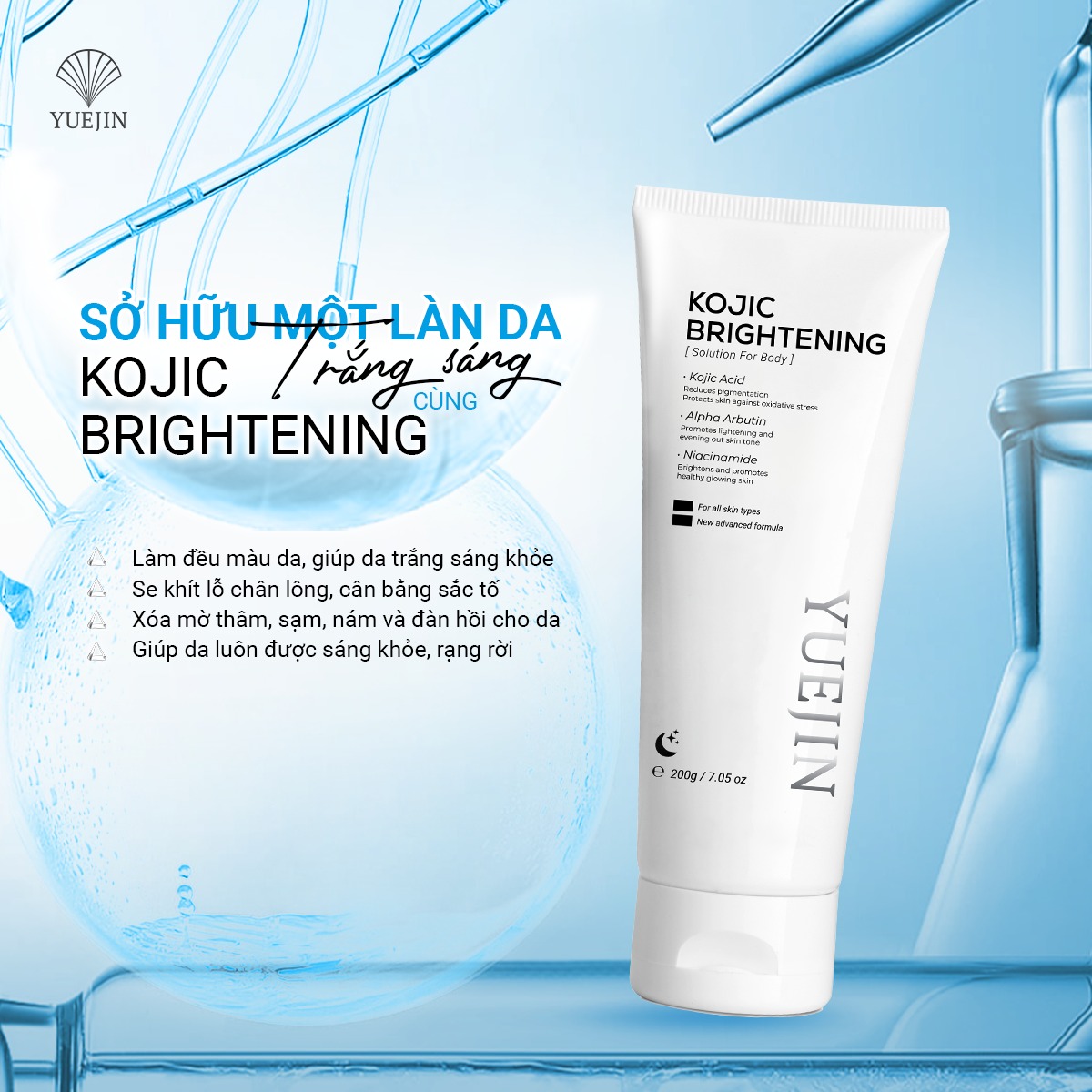 Combo dưỡng trắng da Yuejin Kem dưỡng trắng da Body Tranex-NO9 + Kem Ủ Trắng Da Kojic Brightening (Tặng 1 Gel)