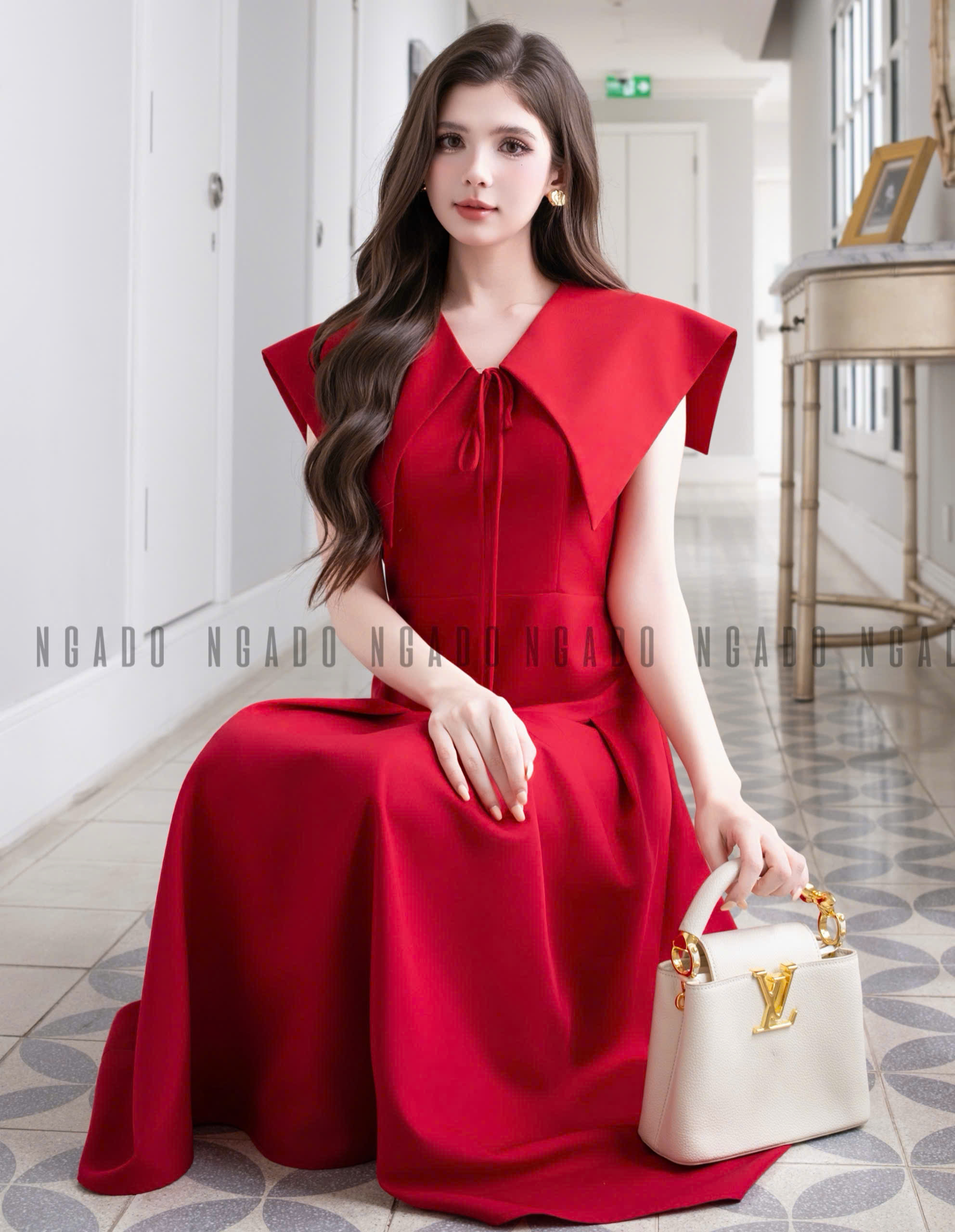 Đầm đỏ xếp ly cổ thuỷ thủ NGADO , đầm dài , đầm kiểu , đầm công sở , dự tiệc