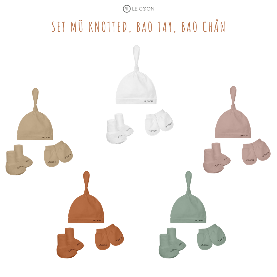 LE COON | Set Mũ Knotted, Bao Tay, Bao Chân | Vải COOL mỏng mát | 0 - 3 tháng