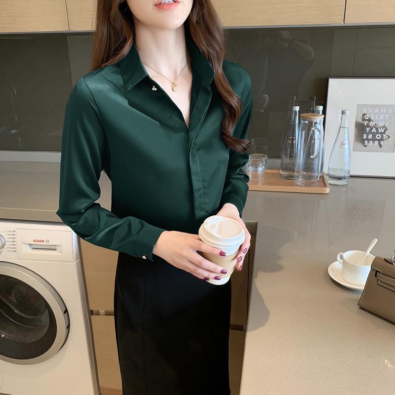 Áo Sơ Mi Nữ Công Sở Màu Xanh Lá Cổ Đức CHIPY Kiểu Hàn Quốc Vintage Ulzzang Form Rộng Dài Tay Đẹp Chất Lụa Cao Cấp A2X