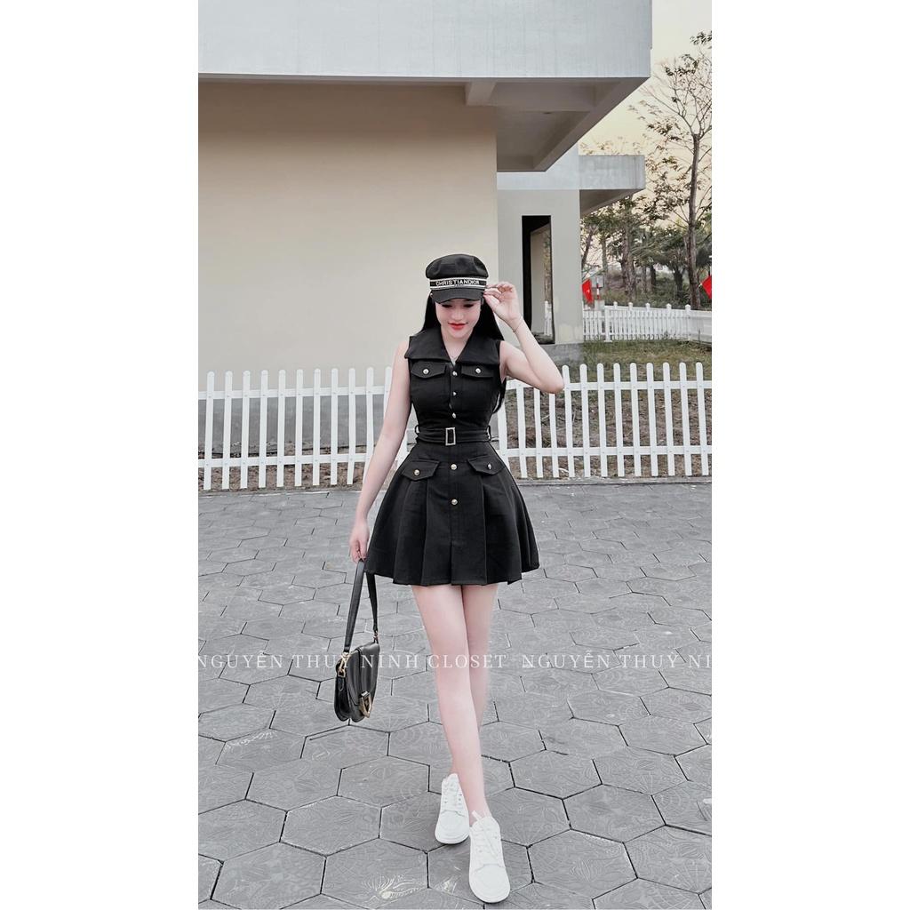Đầm kiểu nữ xếp ly chữ A phối cổ vest cao cấp thiết kế tôn body trẻ trung GKM