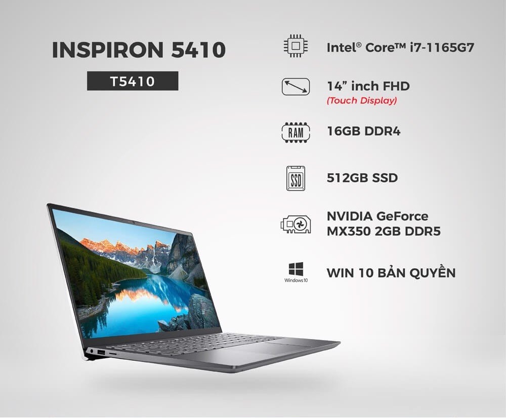 Laptop Dell Inspiron 5410 J42F81 (Core i7-1165G7/ 16GB/ 512 SSD/ MX350 2GB/ 14 FHD Touch/ Win10 + Office) - Hàng Chính Hãng