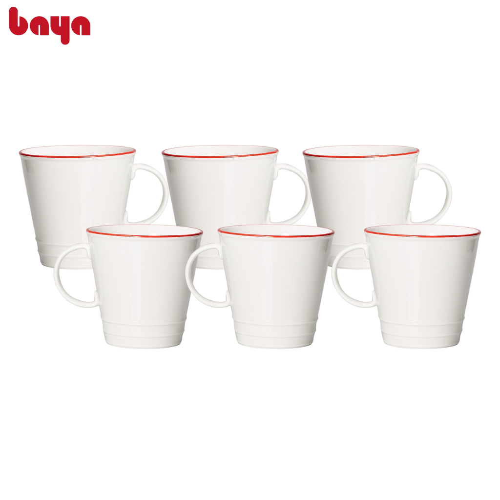 Bộ 6 Ly Cốc Sứ Uống Trà, Cà Phê BAYA REGATTA Chất Liệu Sứ Trắng Tráng Men Bóng Viền Đỏ Cao Cấp, Dễ Dàng Vệ Sinh 6000250
