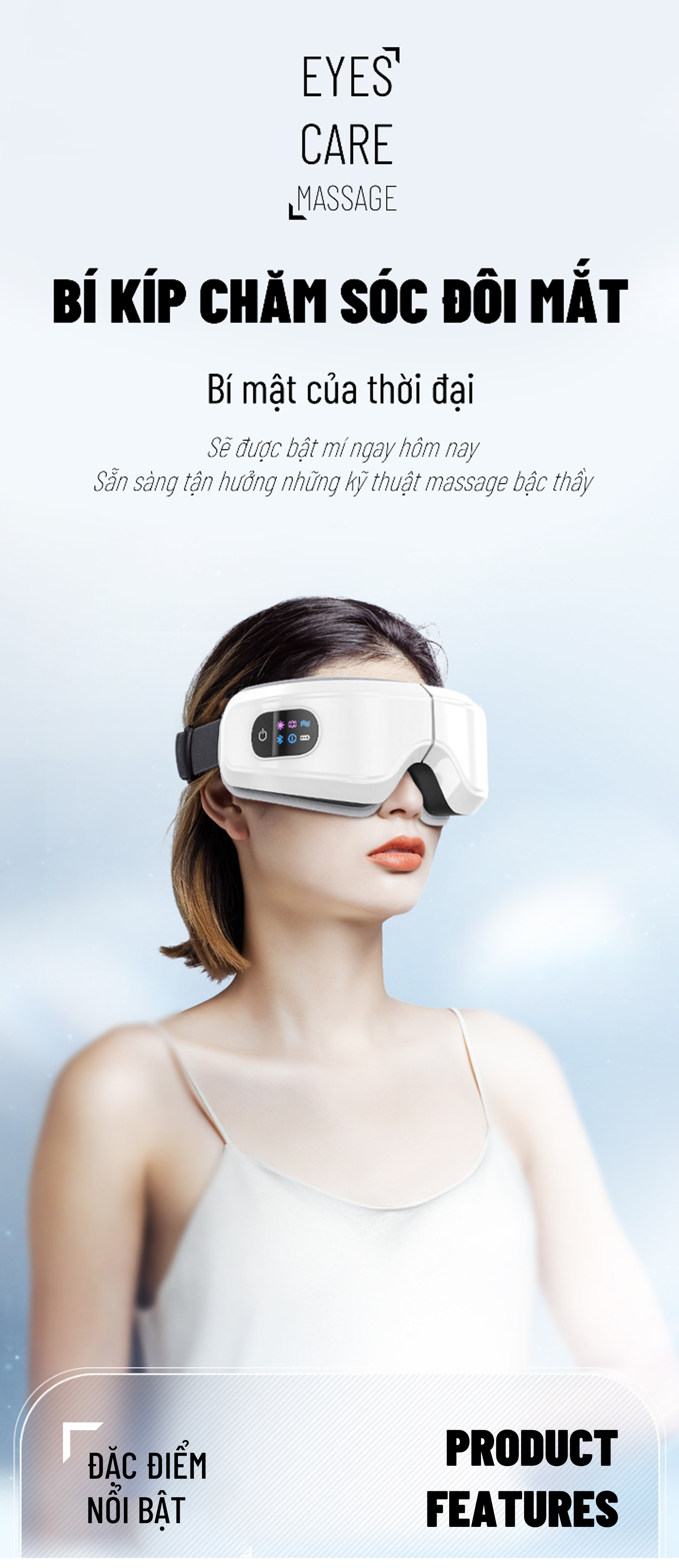 Máy Massage Mắt-Tích Hợp Bluetooth Nghe Nhạc Thư Giãn Giảm Bọng Mắt, Thâm - 5 Chế Độ Massage Khác Nhau, Gấp Gọn 180°, Pin Dung Lượng 1200mAh