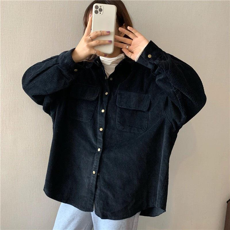 Áo Sơ Mi Nhung Tăm Gân 2 Túi Nút Bấm Form Rộng Unisex Nam Nữ Style Hàn Quốc Ulzzang KUN