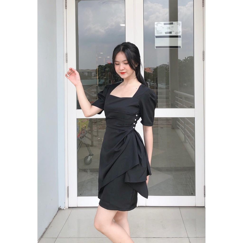 ĐẦM DỰ TIỆC ĐEN MANGO 2 LỚP CỔ VUÔNG PHỐI CƯỜM BÊN HÔNG TAY LỠ DÁNG ÔM BODY SEXY-hình thật shop chụp