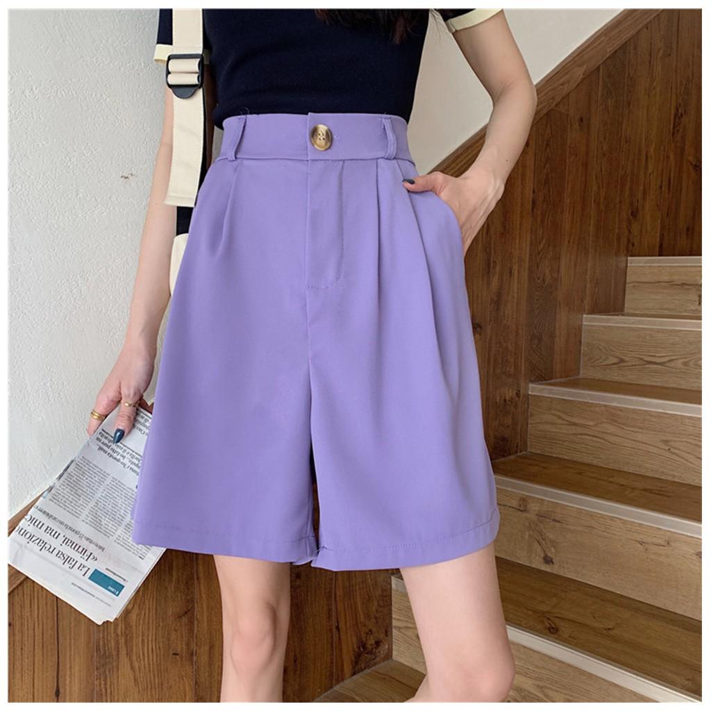 Quần short ống rộng cạp cao lưng thun màu tím D45