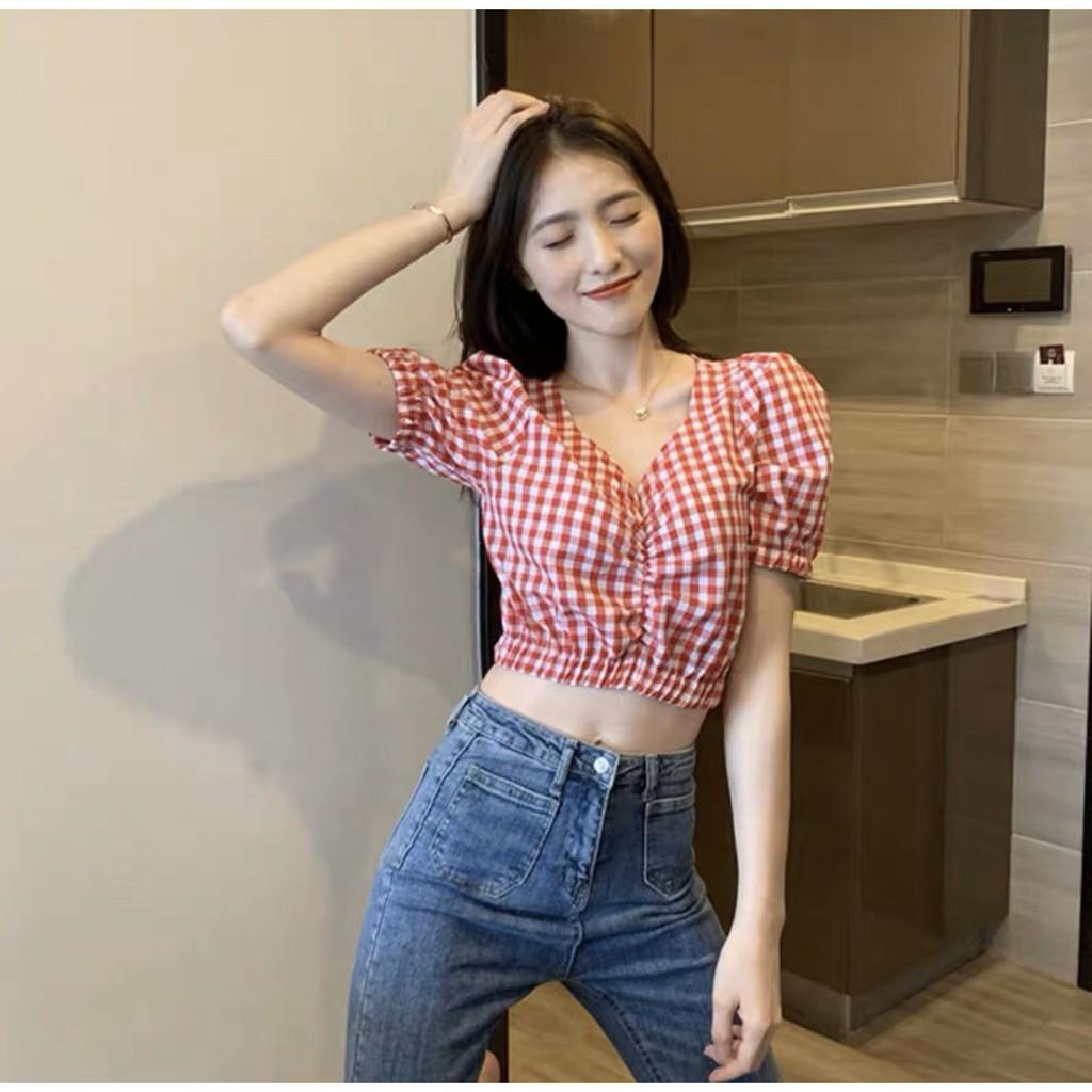 ÁO CROPTOP ÔM BODY NGẮN CO GIÃN - ÁO KIỂU CRT NGẮN TAY CARO 119