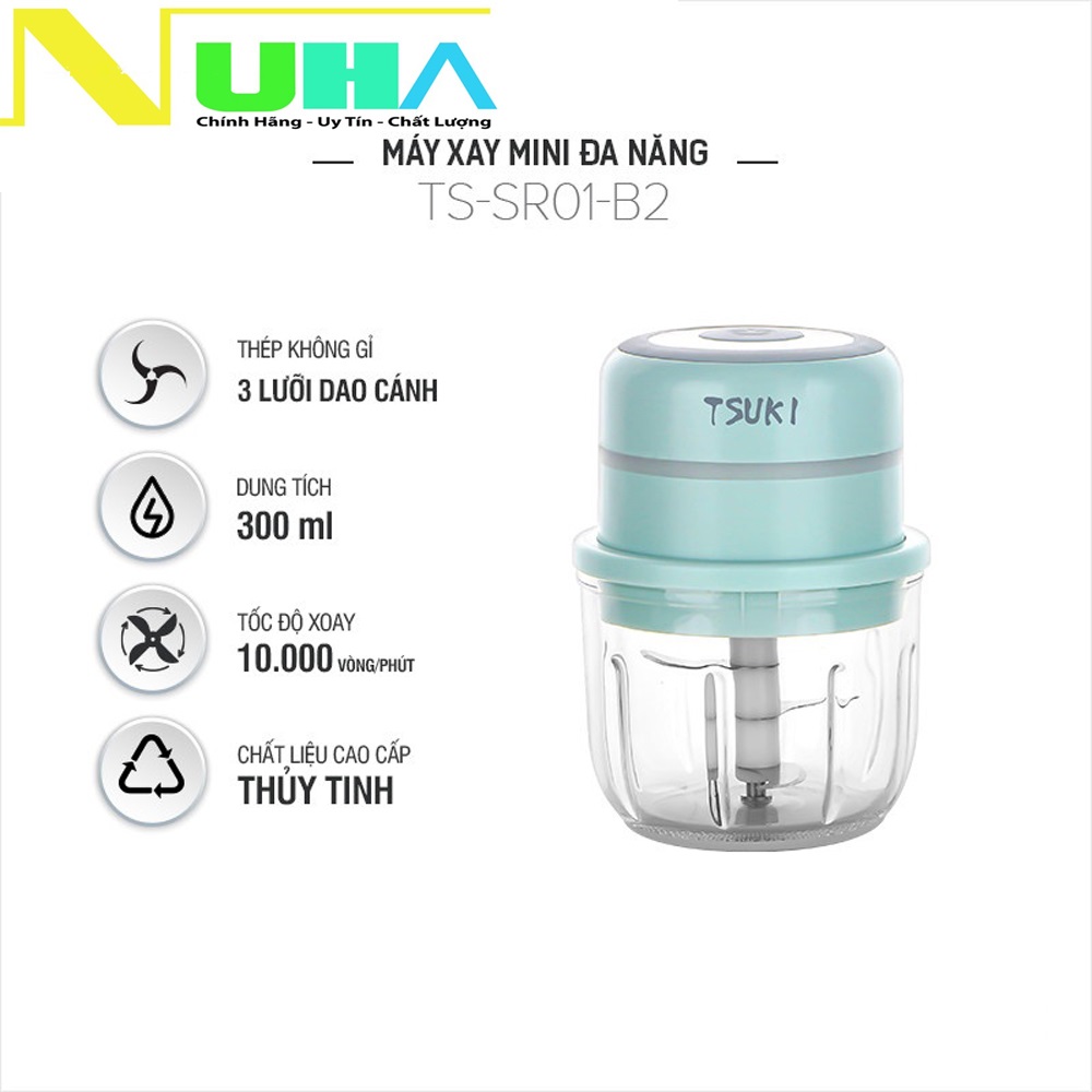 Máy xay mini đa năng TSUKI SR01-B2 cối thủy tinh, 3 lưỡi dao - Xay gia vị, đồ ăn dặm cho bé-Hàng chính hãng