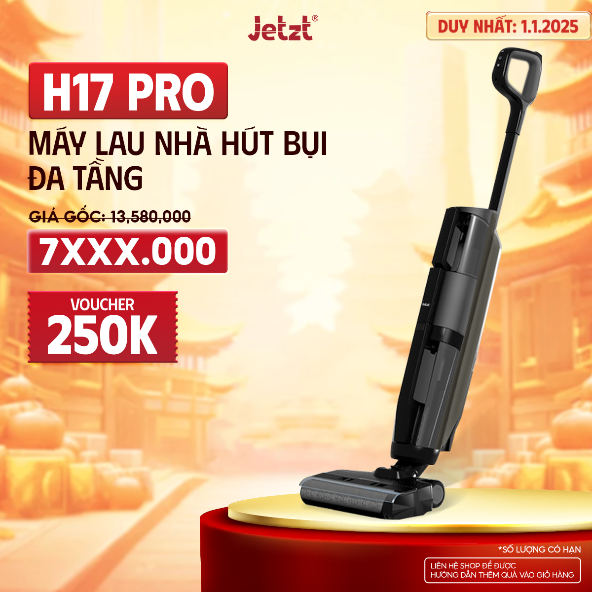 Máy Hút Bụi Lau Nhà Ướt Khô Không Dây Thế Hệ Mới Jetzt H17 Pro, Hàng Chính Hãng